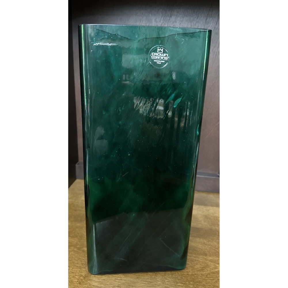 Crown Corning Vase Italy Hand Blown Green Optic Art Glass Triangle 13.75"